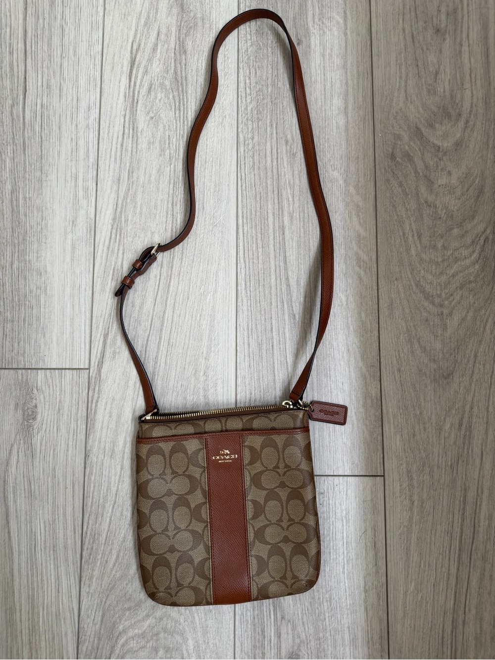 Coach Brown Signature Canvas Crossbody with Cognac Trim